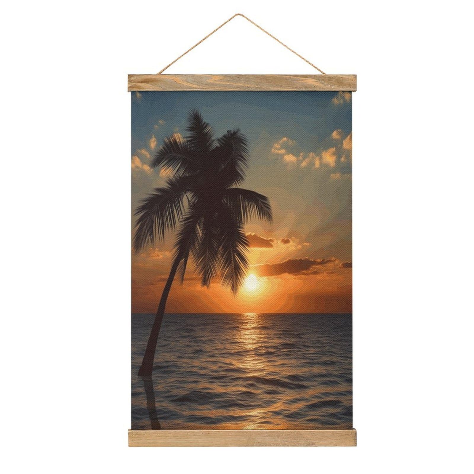 FekiLoot Sunset Palm Tree Ocean Wall Art Poster Hanger Frame Linen Wall Art Decor Vintage Hanging Poster Hanging Wall Decor Rustic Retro Wall Art Print for Living Room Decor 20.4 X 13.1Inches