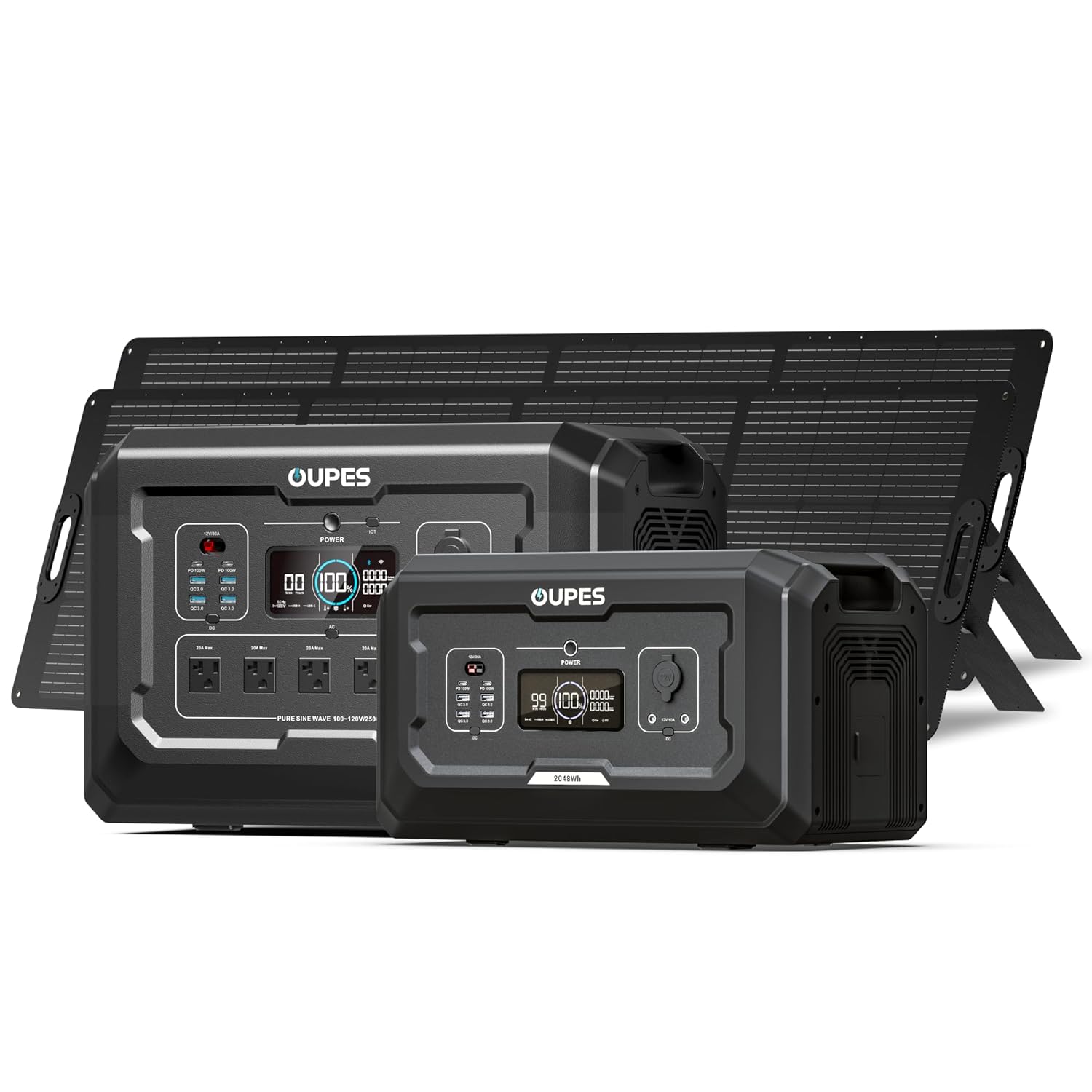 OUPES Mega 2 Power Station with 2 240W Panels B2 Extra Battery Expand Capacity from 2048Wh to 4096Wh