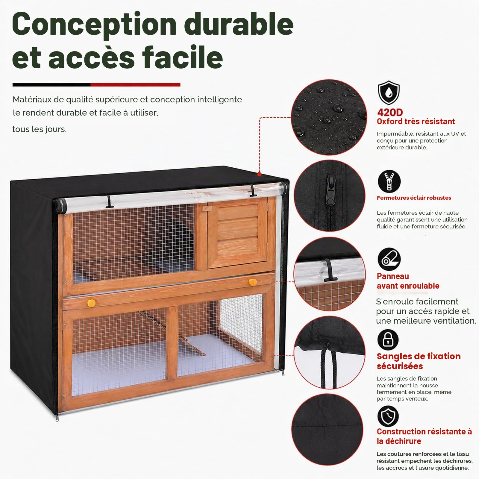 Housse de clapier double de 122,9 cm, coupe-vent, imperméable, thermique, pour cage à lapin, cochon d'Inde, enclos et clapiers d'extérieur pour petits animaux. Housse anti-poussière pour clapier pour