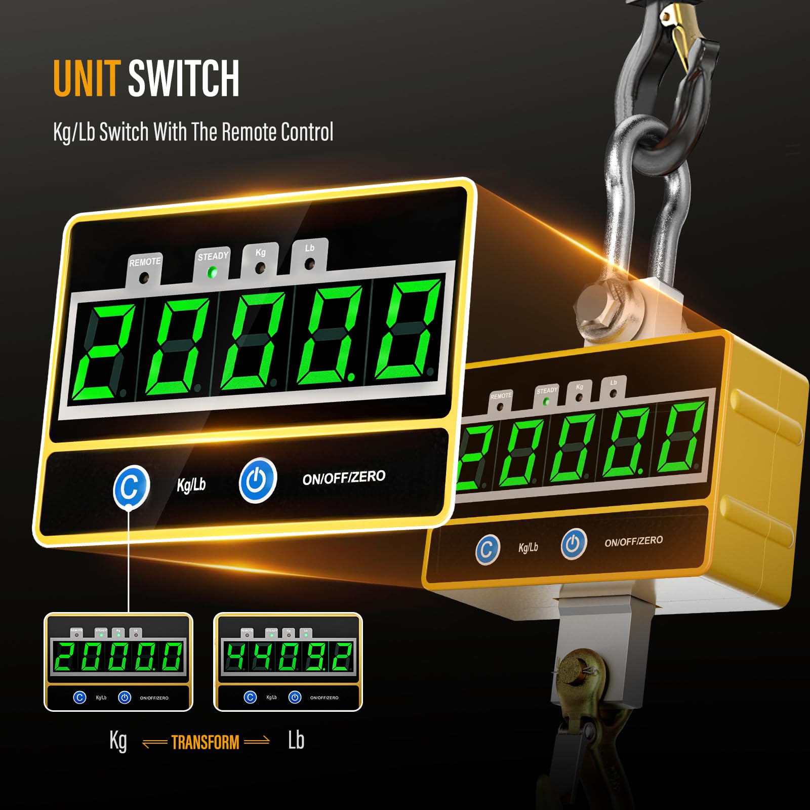 Báscula de Grúa 2T, Crane Scale Pantalla LED Báscula Colgante Industrial de Alta Precisión con Control Remoto para Maquinaria Industrial de Precisión Ganadera