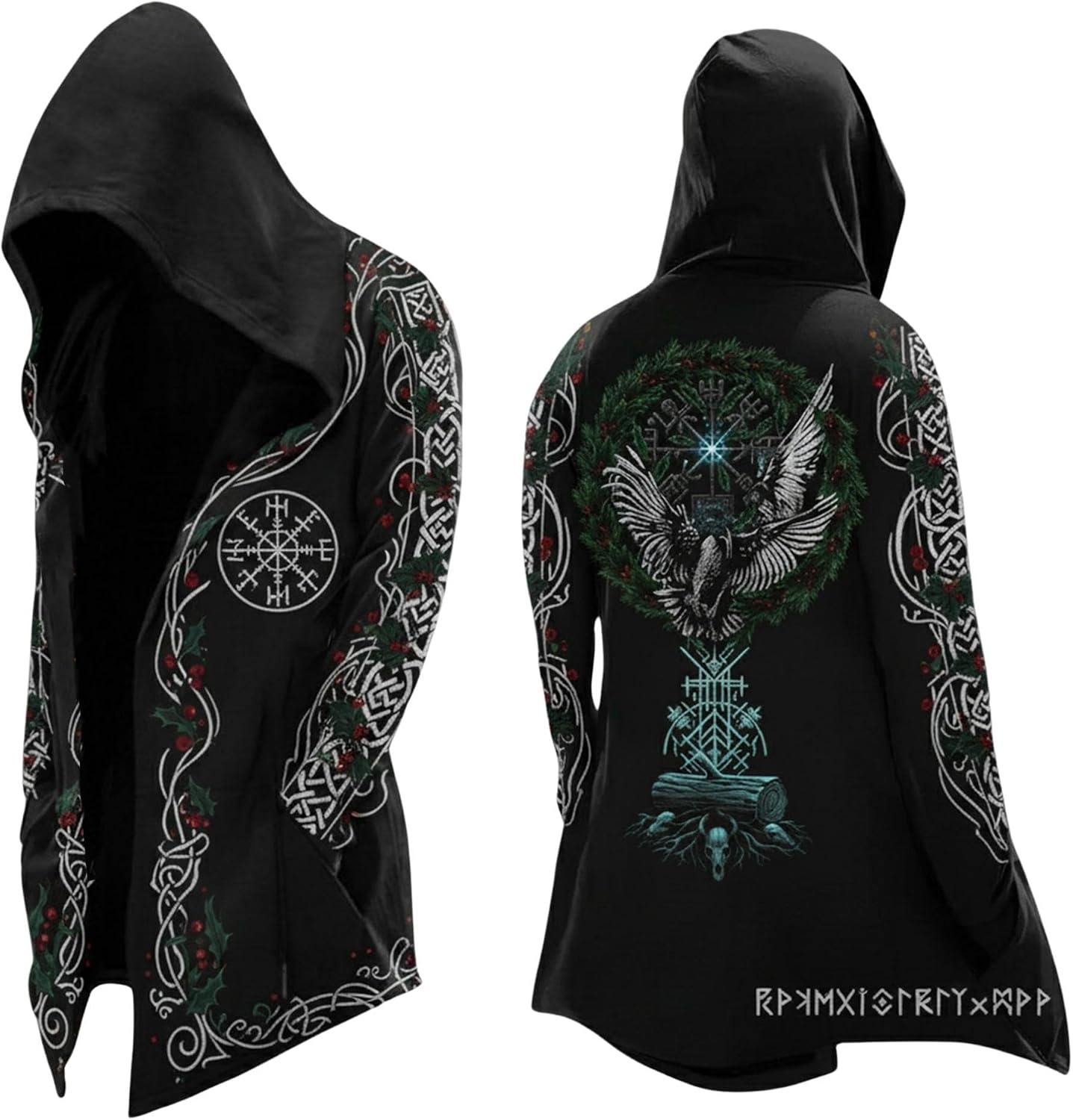 Viking Hooded Cloak, Norse Mythology Rune Hooded Cardigan Winter Jacket for Men, Yule Christmas Pagan Cosplay Clothes
