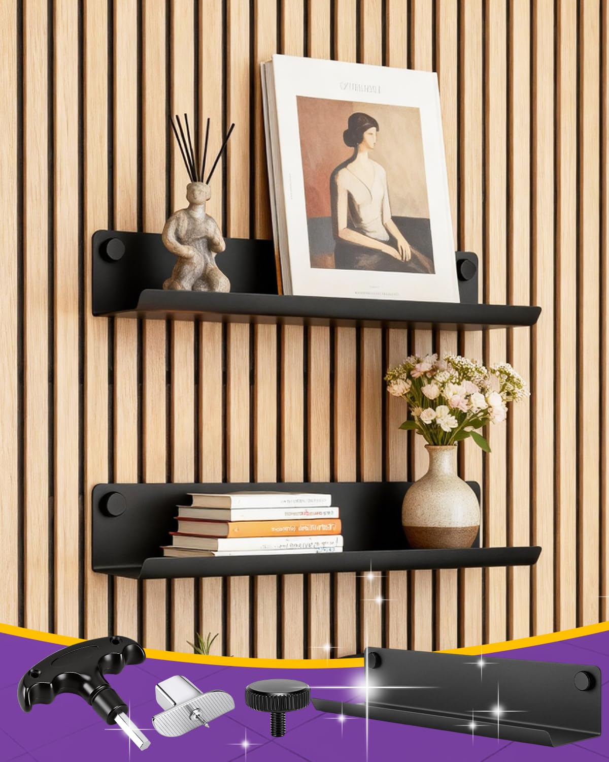 Haliya Regal für Akustikpaneele – 7,5x36 cm Wandregal ohne Bohren – Metall Schwarz matt – Zubehör für Akustikpaneele, Ablage für DIY Wandorganizer, Schweberegal für Wohnzimmer, Büro, Küche