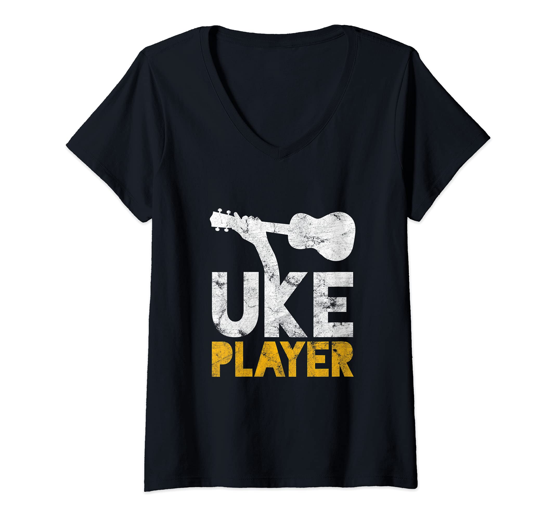 Womens Uke Player Guitar Hawaiian Uke Hawaii Acoustic Musician V-Neck T-Shirt, Black
