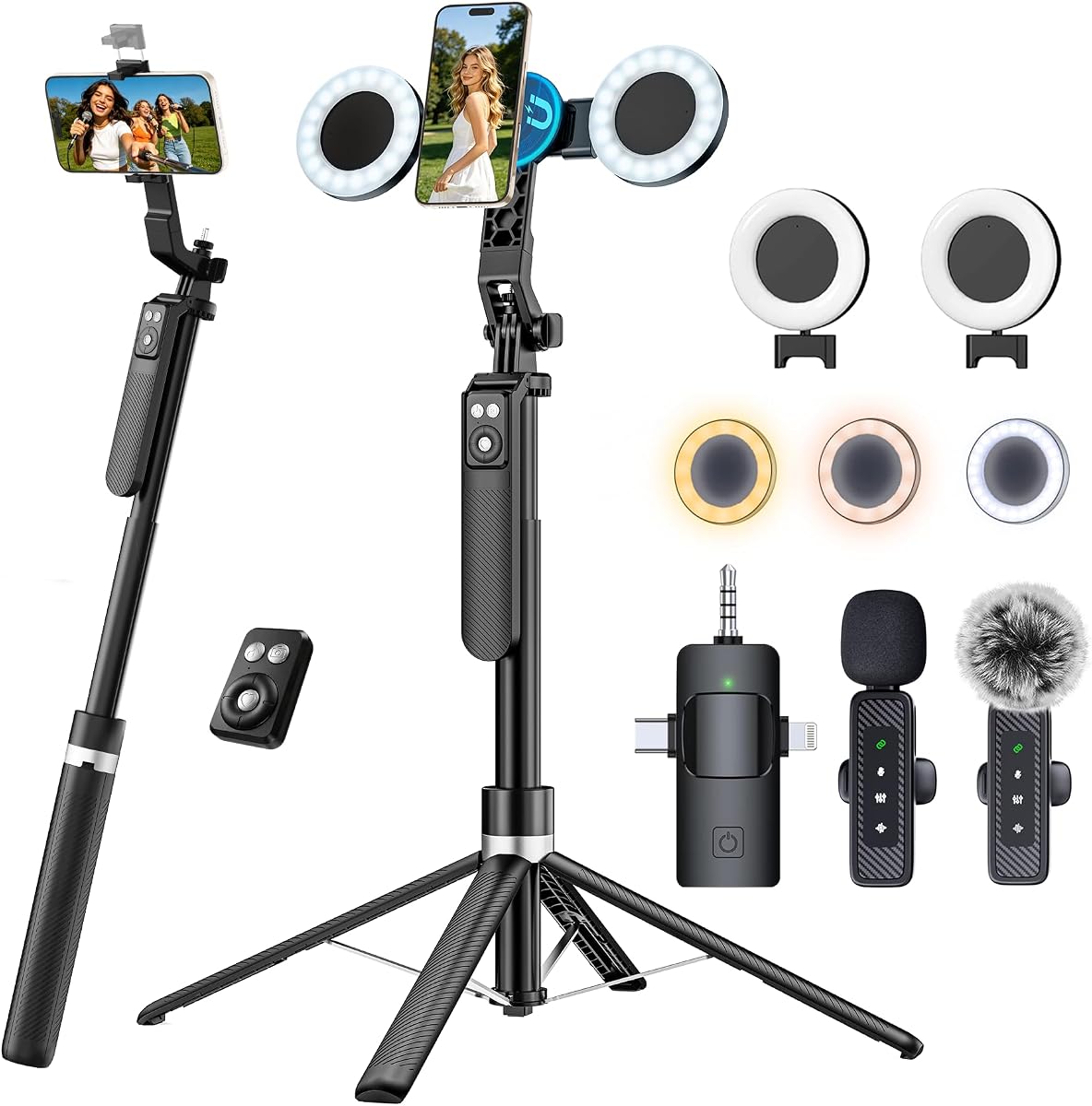 Content Creator Essentials Vlogging Kit, Magnetic Tripod & 2 Lights 2 Mics | 68" Magnetic Tripod for iPhone MagSafe/Android with Remote & 2 in 1 Magnetic Holder for Video Recording/Travel/Vlogging