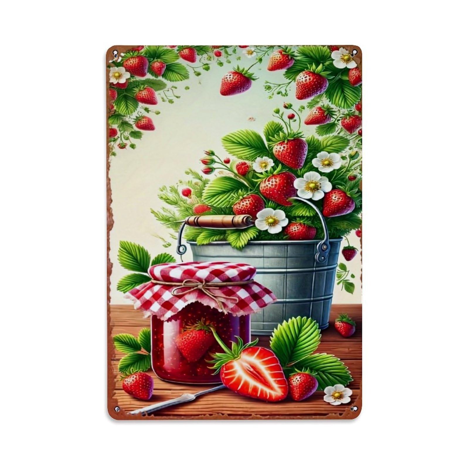 Jdfenggu Vintage Strawberry Jam Bucket Leaves Flowers Retro Metal Tin Sign, Decor Art Poster For Bar, Home, Man Cave, Kitchen, Laundry Room Gift 8X12inch