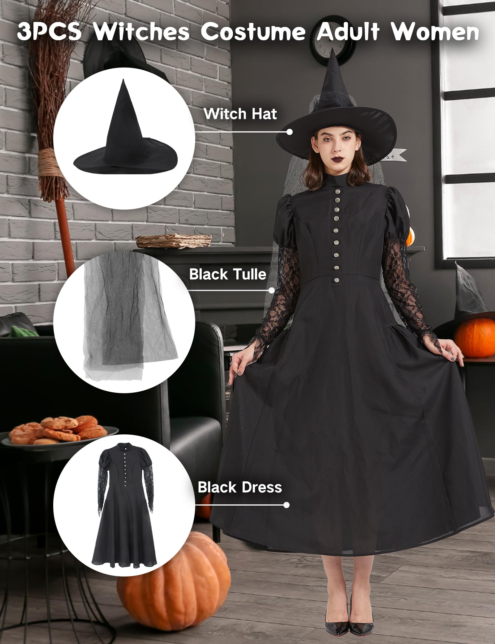 Witch Costume for Women Adult Outfit Plus Size Wicked Halloween Black Dress Witchy Wizard Costumes Gothic Cosplay