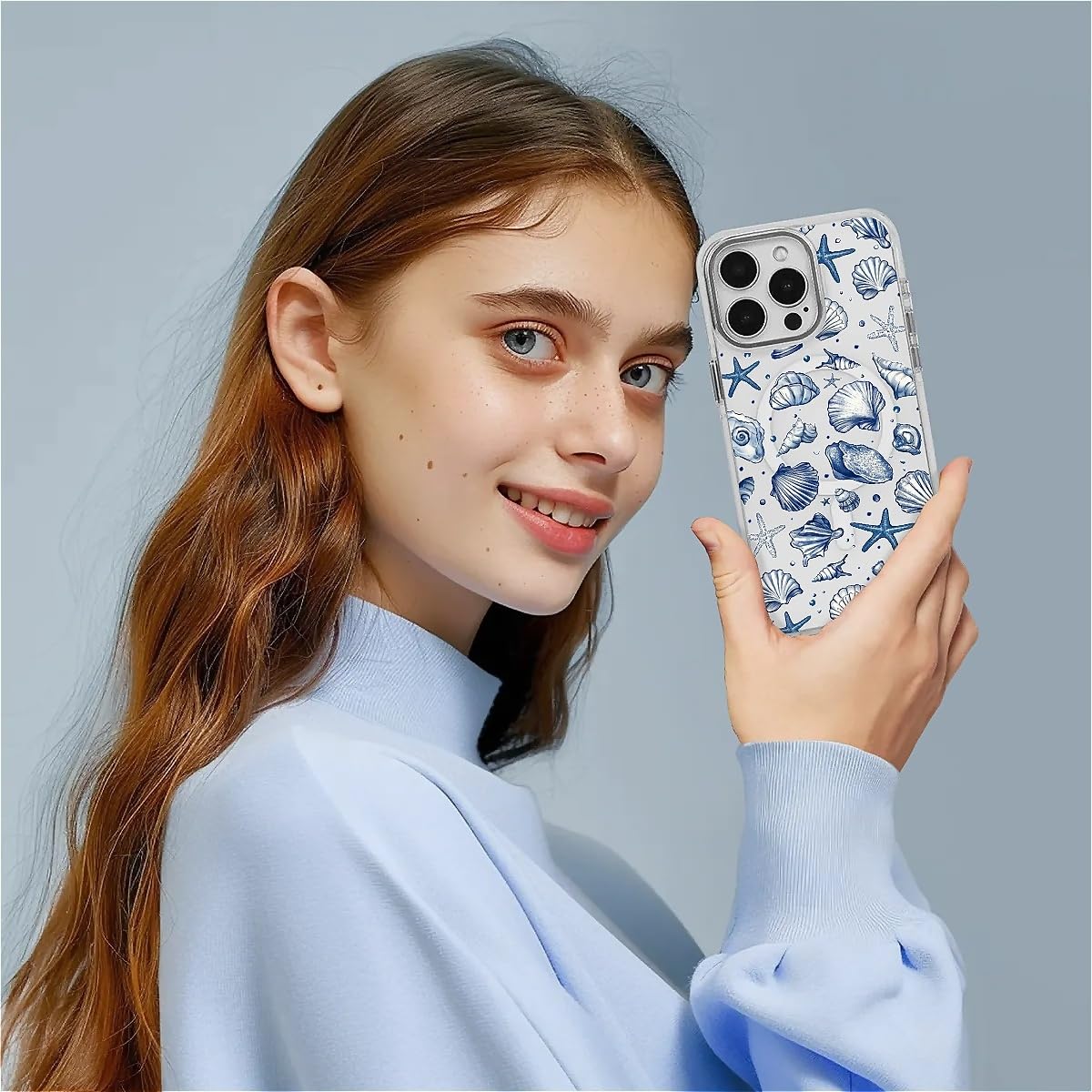 Funda para iPhone 15 [compatible con Magsafe], funda magnética transparente de silicona a prueba de golpes con patrón de concha de estrella de mar de verano