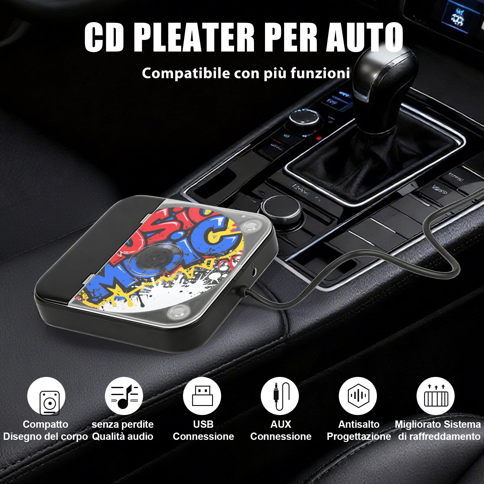 Lettore CD portatile per auto, Plug and Play, con porta USB e AUX, prolunga USB, lettore CD musicale