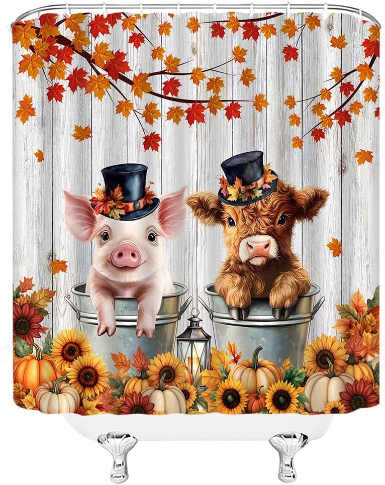 Fall Highland Cow Shower Curtain Autumn Thanksgiving Pumpkin Maple Leaves Rustic Farmhouse Calf Pig Polyester Curtains Bathroom Decor with Hooks 70" Wx84 H