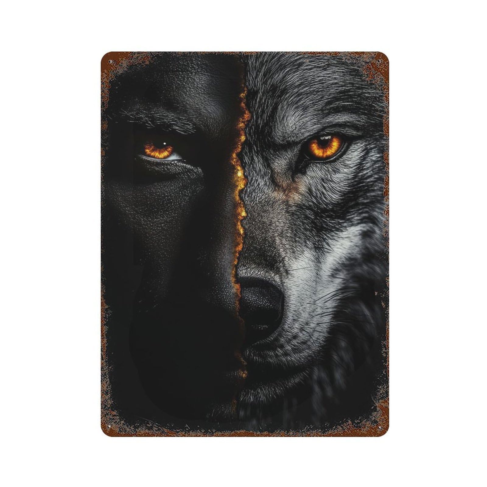 Half Wolf Half Human Aged Metal Wall Plaque 15.7"x11.8", for Living Room, Hallway And Home Decor, Shabby Chic Decor