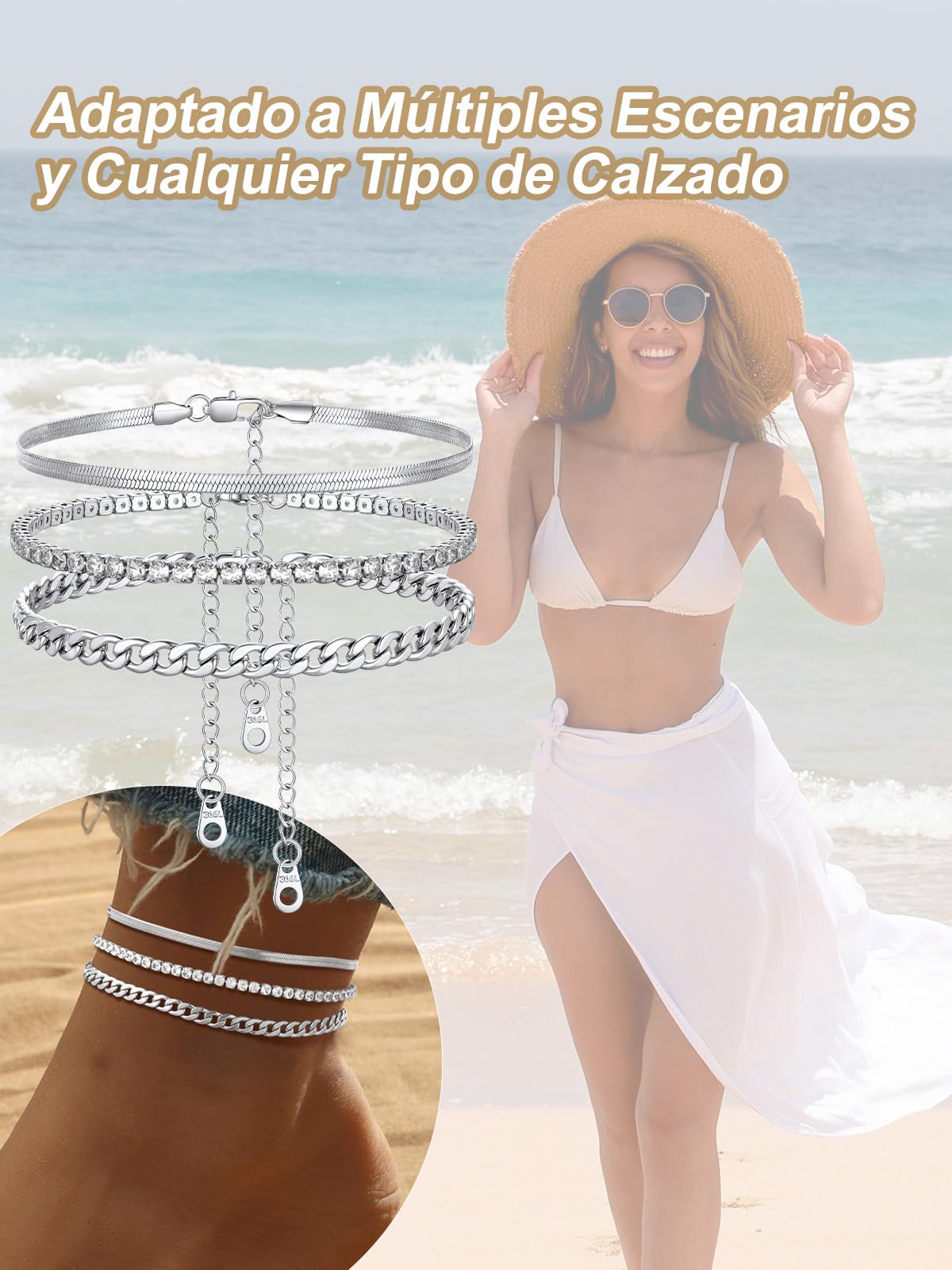 FindChic Tobillera Pulsera Mujer de Acero Inoxidable con Circonitas Blancos/Negros multicadena de pie para verano y playa,ajustable 18/22+5cm