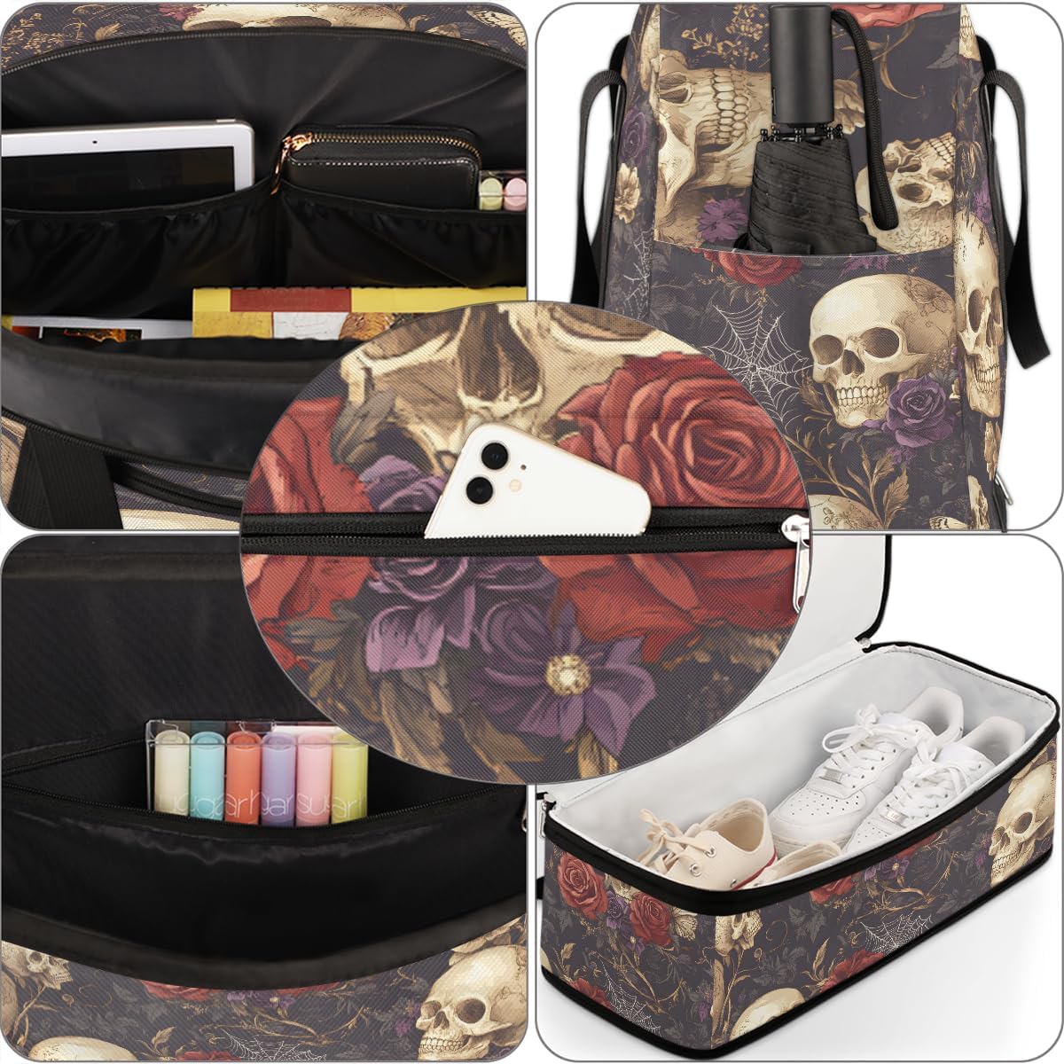 Skull Gothic Rose Flower Travel Duffel Bag Tote Carry On Luggage Sports Gym Bag With Shoe Compartment For Woman Man Overnight Weekend Yoga Workout Training Handbag - Image 6