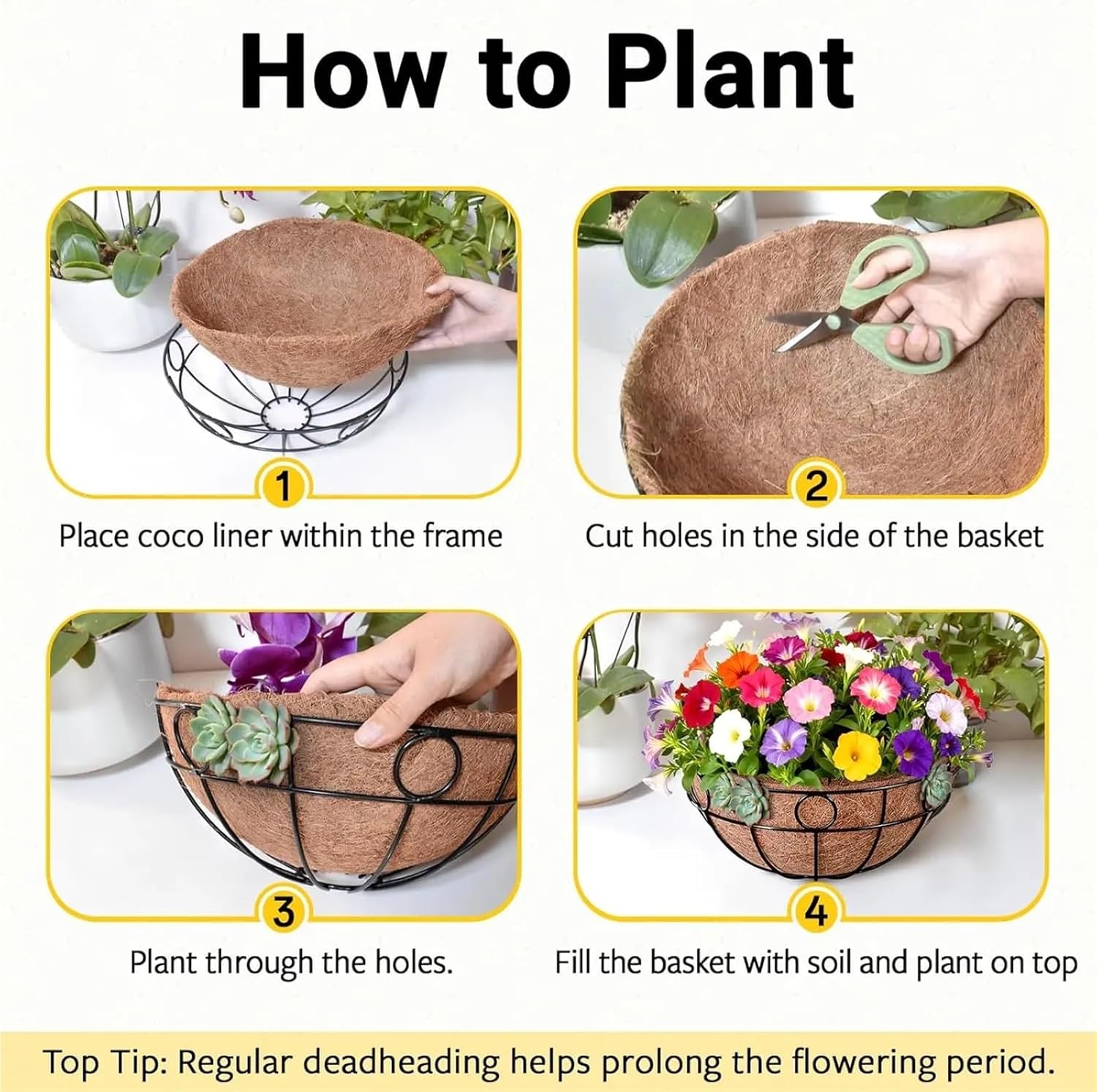 2 Pack Round Hanging Plant Baskets, 12 Inch Metal Wire with Coco Liner for Garden Patio Balcony Decor