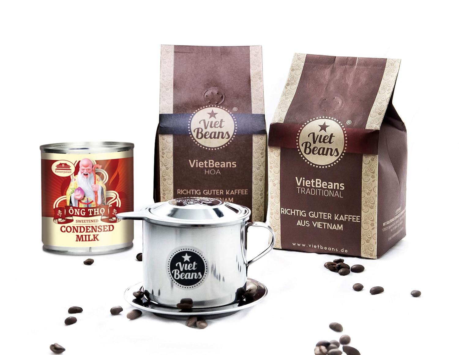 Vietnamesisches Kaffee-Starterset VietBeans Gemahlen - 2 x 250g + Filter (Phin) + gez. Kondensmilch - Vietnam - Hochwertiger vietnamesischer Kaffee