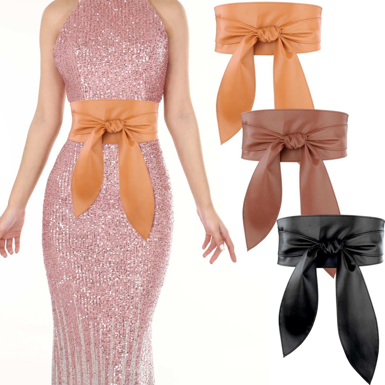 3 Pack Obi Belts for Women, Fashion PU Leather Wrap Around Wide Corset Belt, Soft Wide Obi Belt, Waistband Knotted Cinch Wrap Belts for Women Dresses (Large Black Brown Coffee?