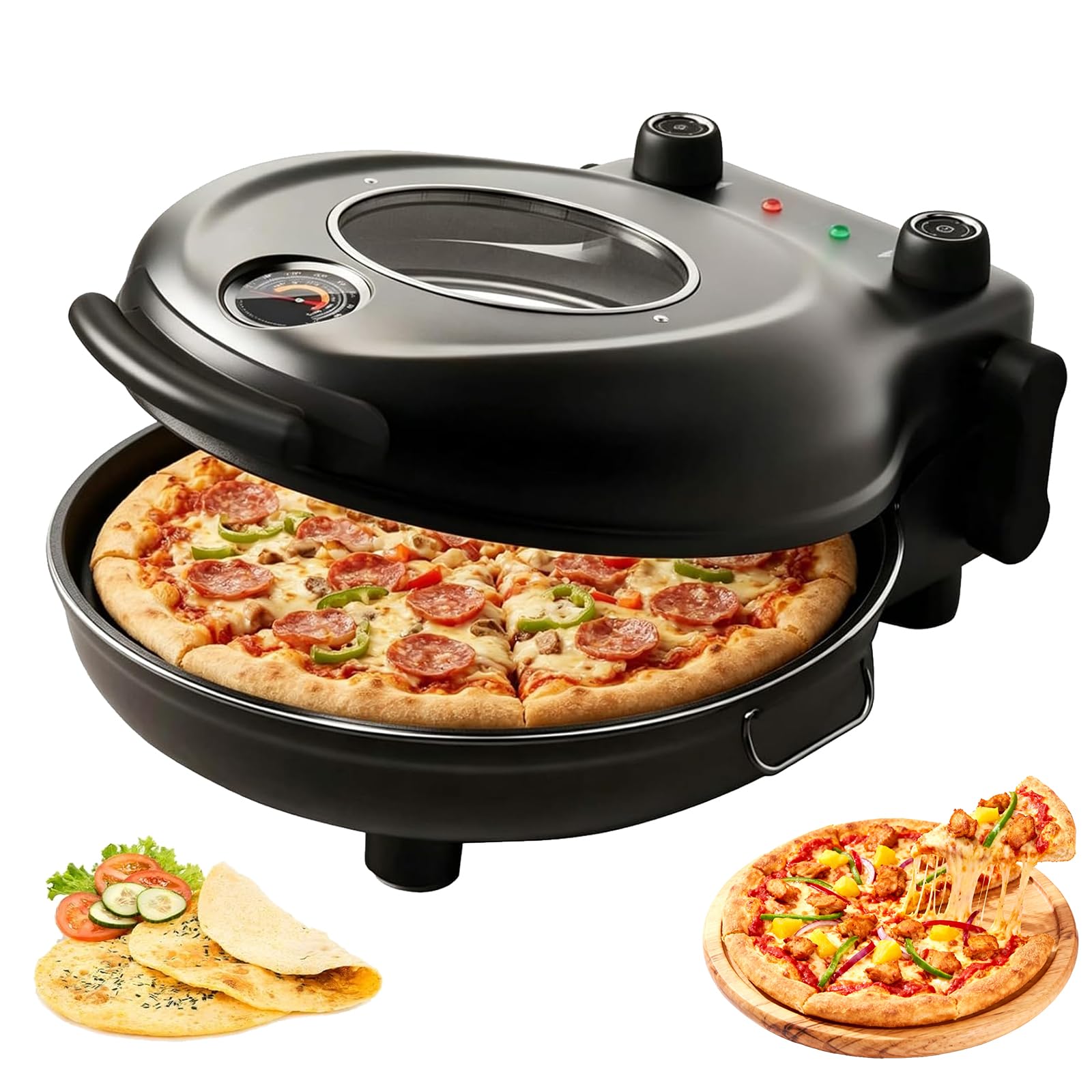 Horno Eléctrico Para Pizza De Sobremesa De 1200 W Con Piedra Para Hornear De 30 cm, Temperatura Ajustable De 50 A 420 °c, Ventana Visible, Horno Compacto Para Interiores