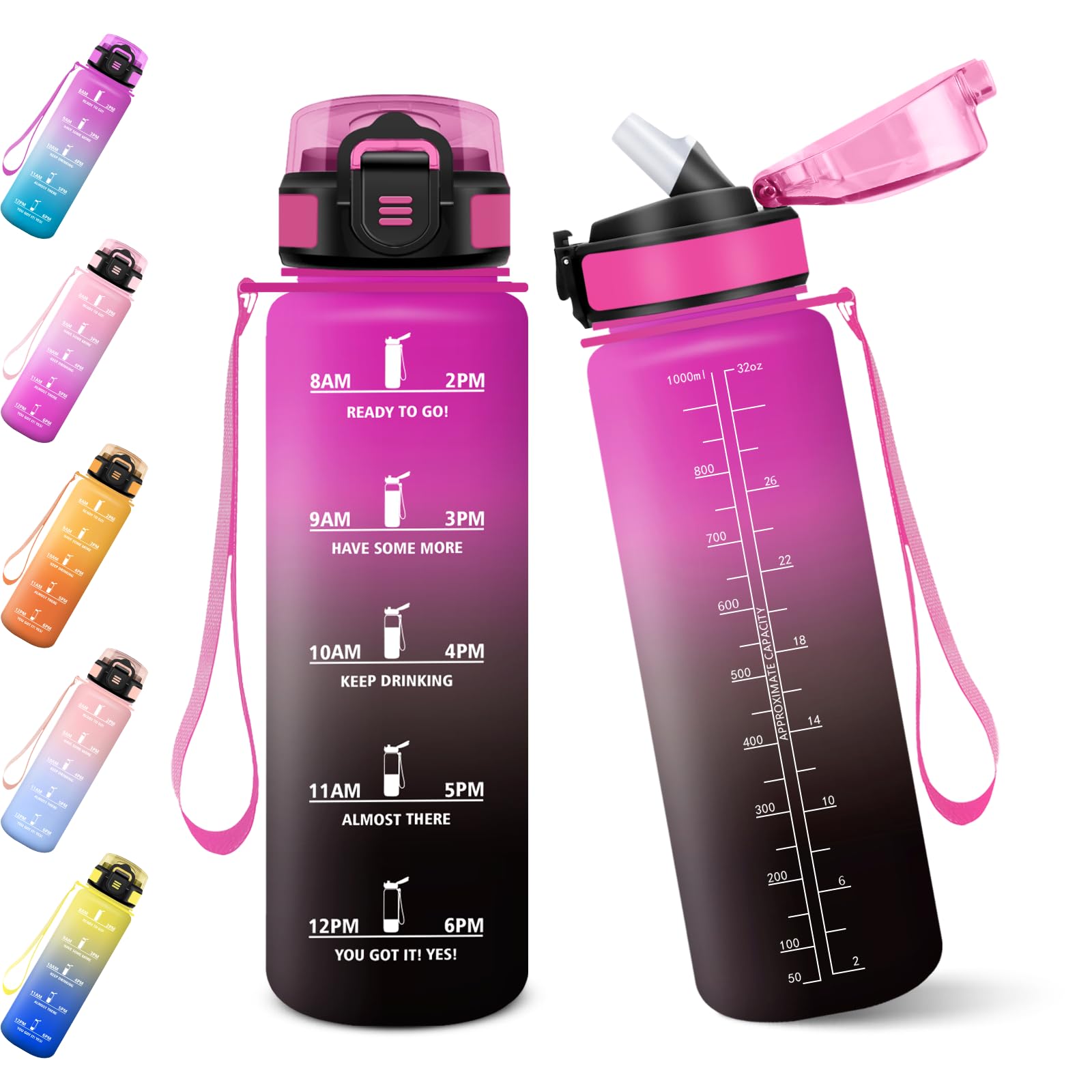 Baramumu 1000ML BPA Free Straw Water Bottle Motivational Water Bottle with Time Indicator Gym Straw - Reddish Purple & Black