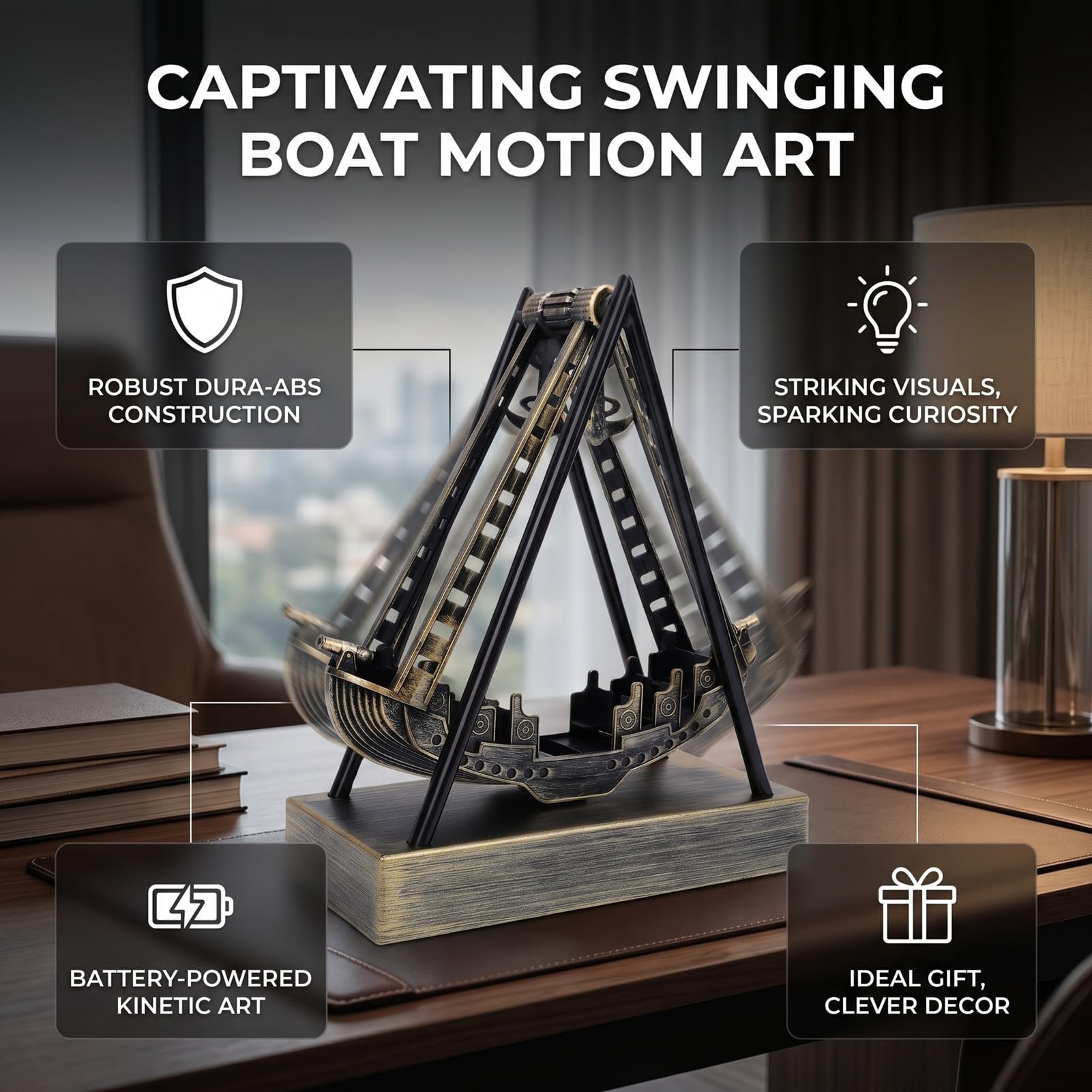 Bewinner Schaukelboot-Modell, Perpetuum Mobile, Batteriebetriebene Tischdekoration für das Heimbüro – Lebendiges Kinetisches Kunstspielzeug aus ABS, Einzigartiges Geschenk für Bootsbegeisterte