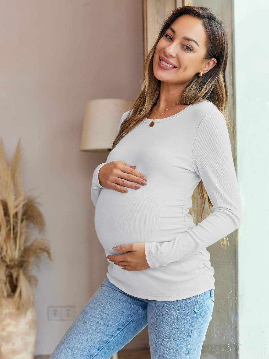 Women's Maternity Fall Tops Long Sleeve Crew Neck Ribbed Knit Slim Fitted Blouse Side Ruched Pregnancy Shirts - Image 4