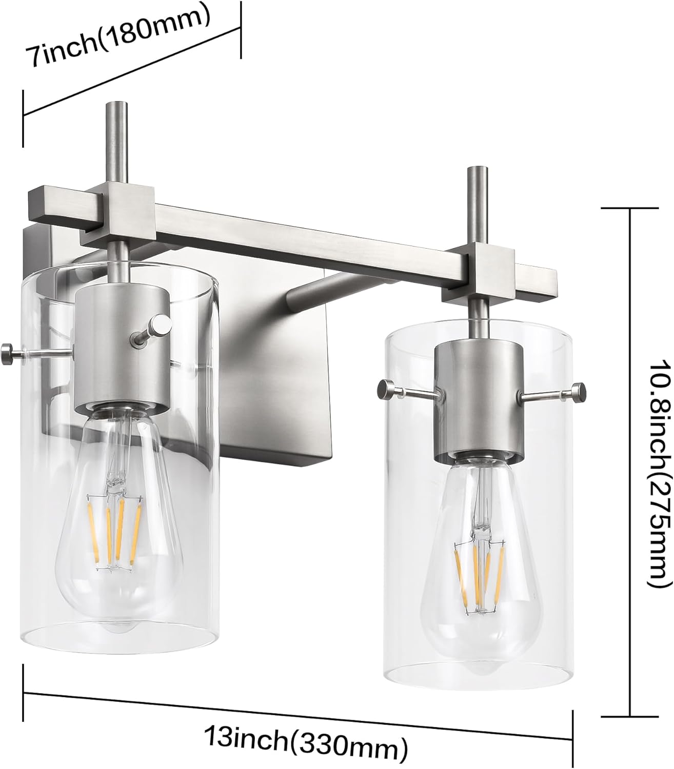 SOLFART 2 Light Wall Scone Vintage Vanity Light Fixtures Brushed Nickel Wall Light for Bathroom Lights Over Mirror with Glass Shade Light Fixtures (Exclude Bulb)