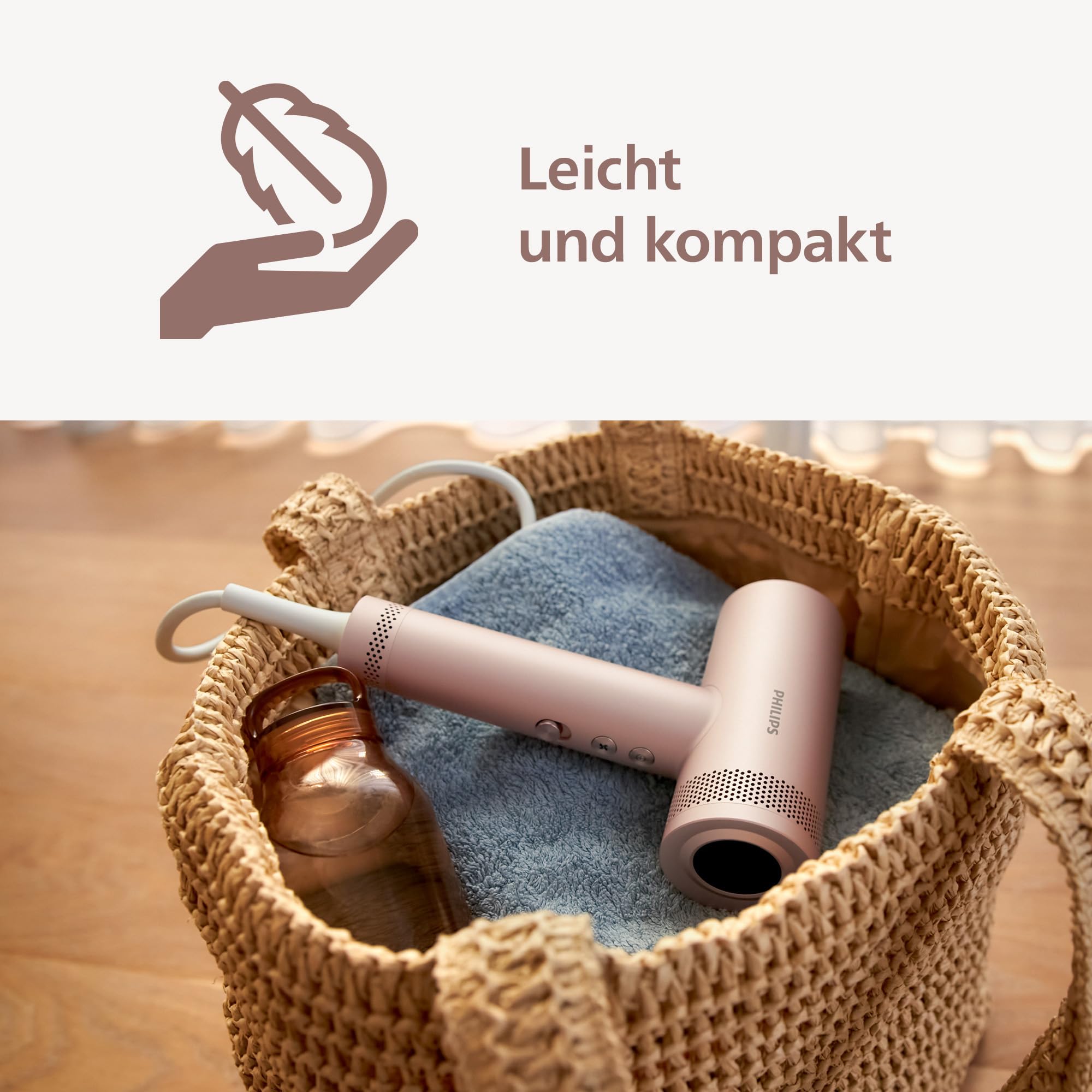 Philips Haartrockner Series 8000 – mit ThermoShield Advanced und bürstenlosem DC-Motor für schnelles Trocknen, Kopfhautpflege, 1400 W, Rosé Champagner, mit Stylingdüse und Diffusor, Modell BHD837/10