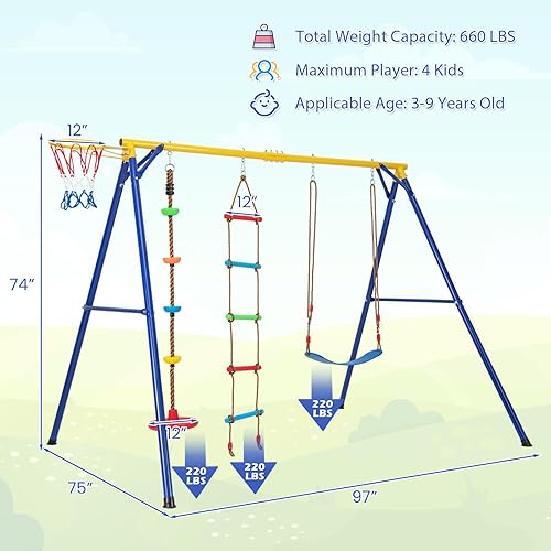 Miniatura 3 de HONEY JOY Juego de columpios de 660 libras para patio trasero, soporte de columpio de metal resistente con columpio de cuerda de disco, columpio