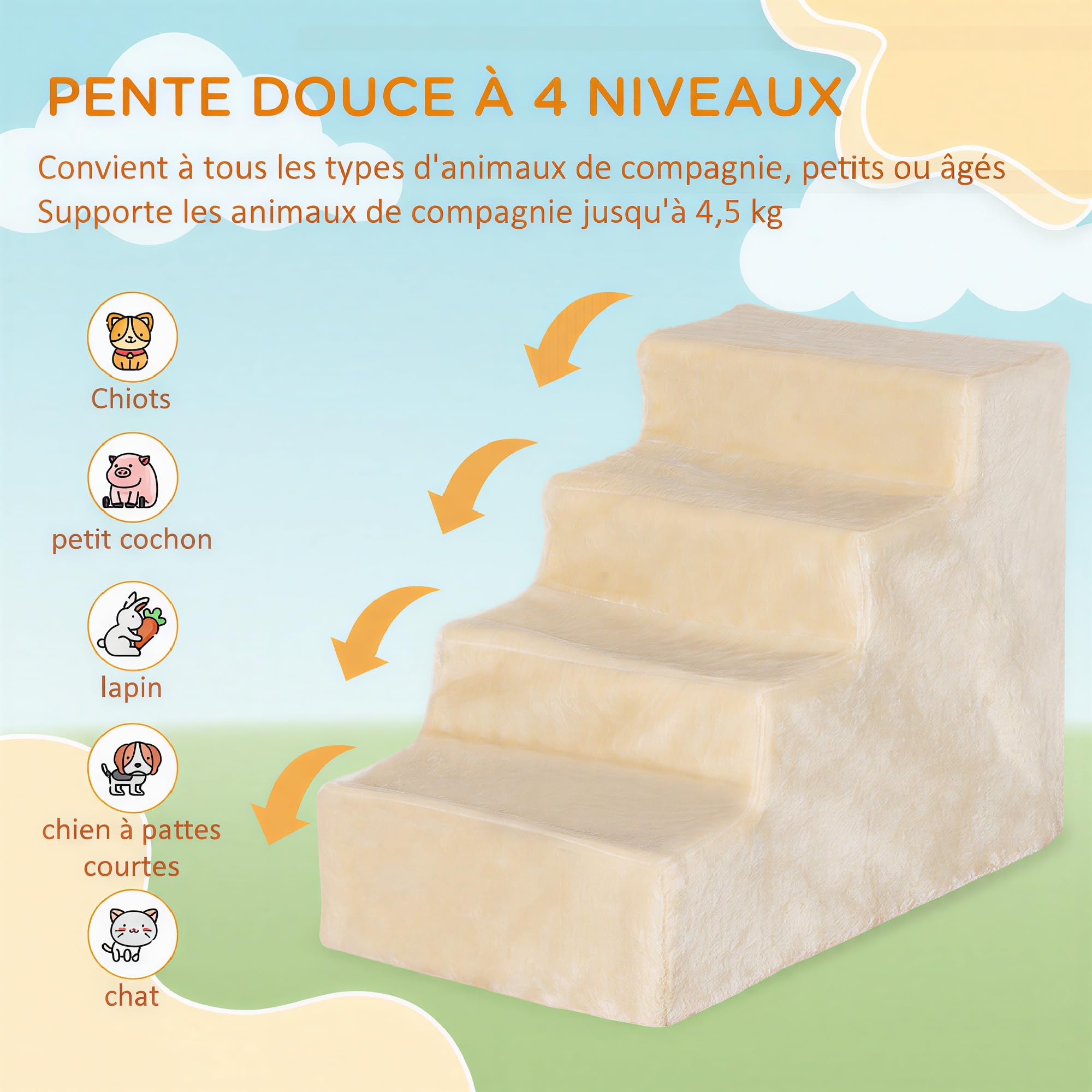 PawHut Escalier pour Chien à 4 Marches, Escalier pour Chat, Échelle Antidérapante pour Animaux de Compagnie, Housse Amovible et Lavable, 60 x 35 x 44 cm, Beige