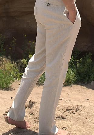 Mens Linen Casual Trousers Lightweight Relaxed Fit Pants for Summer Beach with Pockets