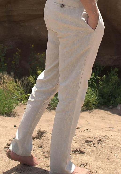Mens Linen Casual Trousers Lightweight Relaxed Fit Pants for Summer Beach with Pockets