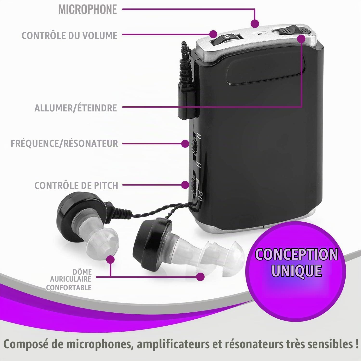 Amplificateur de son - Amplificateur de voix pour son de poche avec micro/oreille DUO PLUS casque supplémentaire et ensemble de microphones, amplificateur de son personnel par MEDca