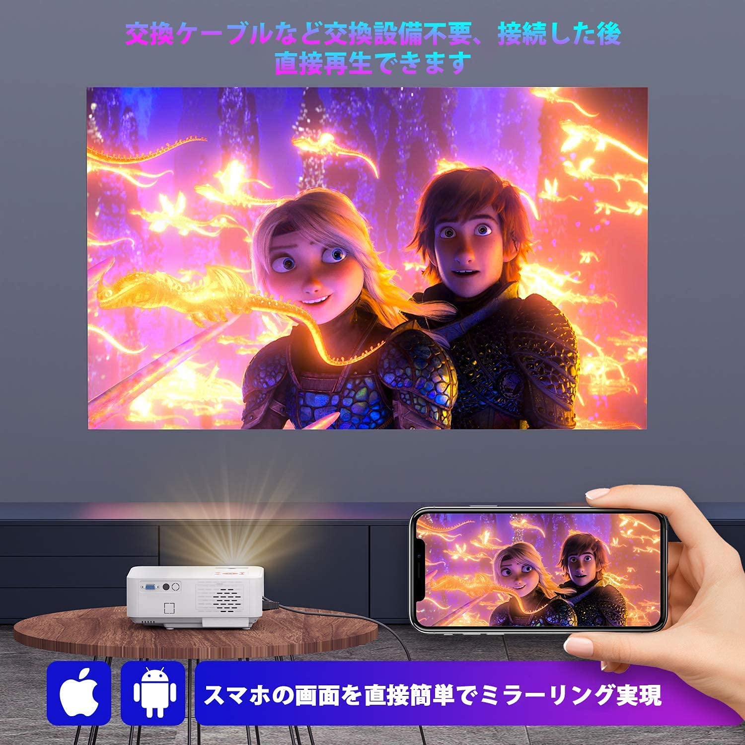 高輝度プロジェクター 800Pネイティブ解像度WiFiホームプロジェクター