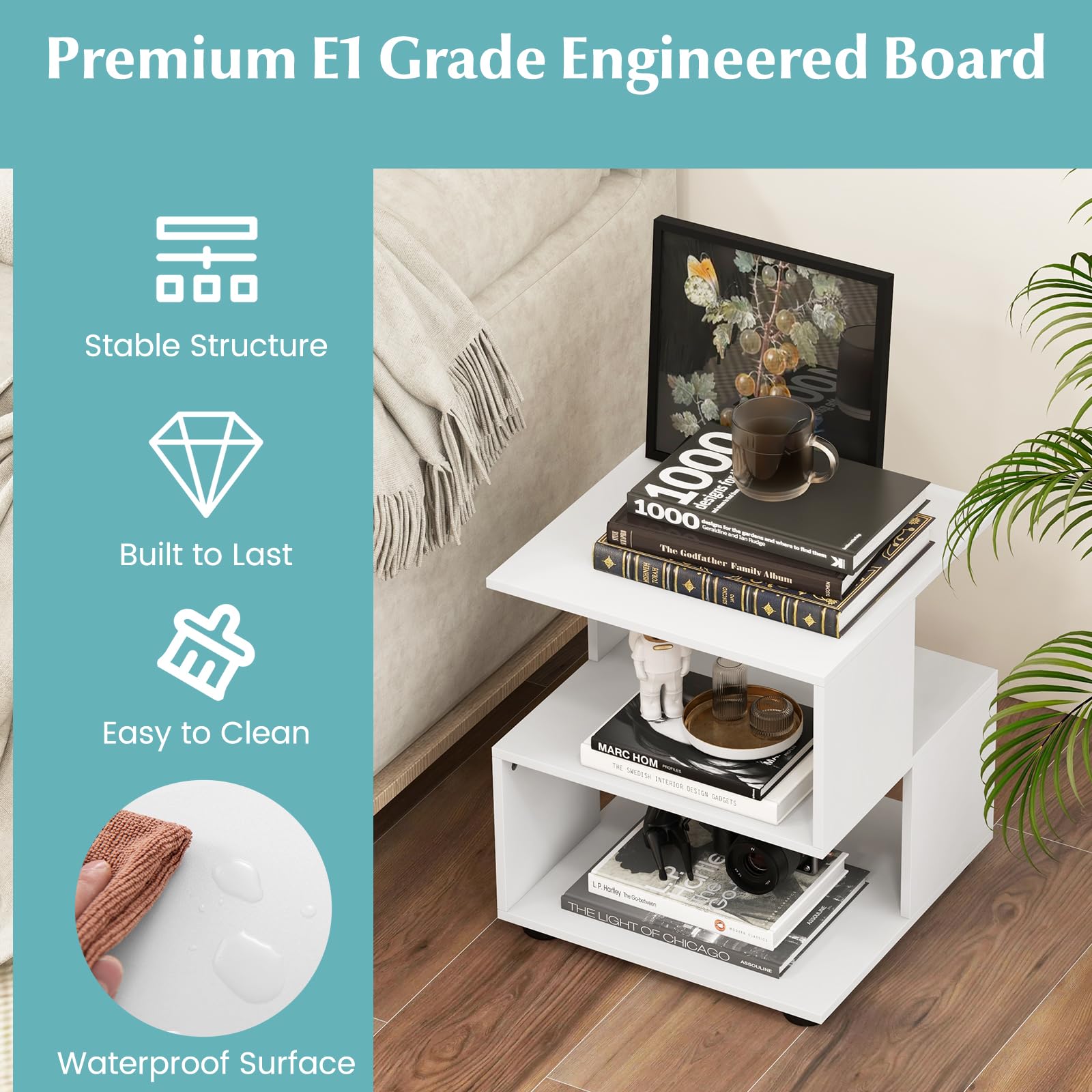 Tavolino A Forma Di S Con 3 Ripiani - Moderno, Bianco, Per Soggiorno O Camera, 33x33x50cm