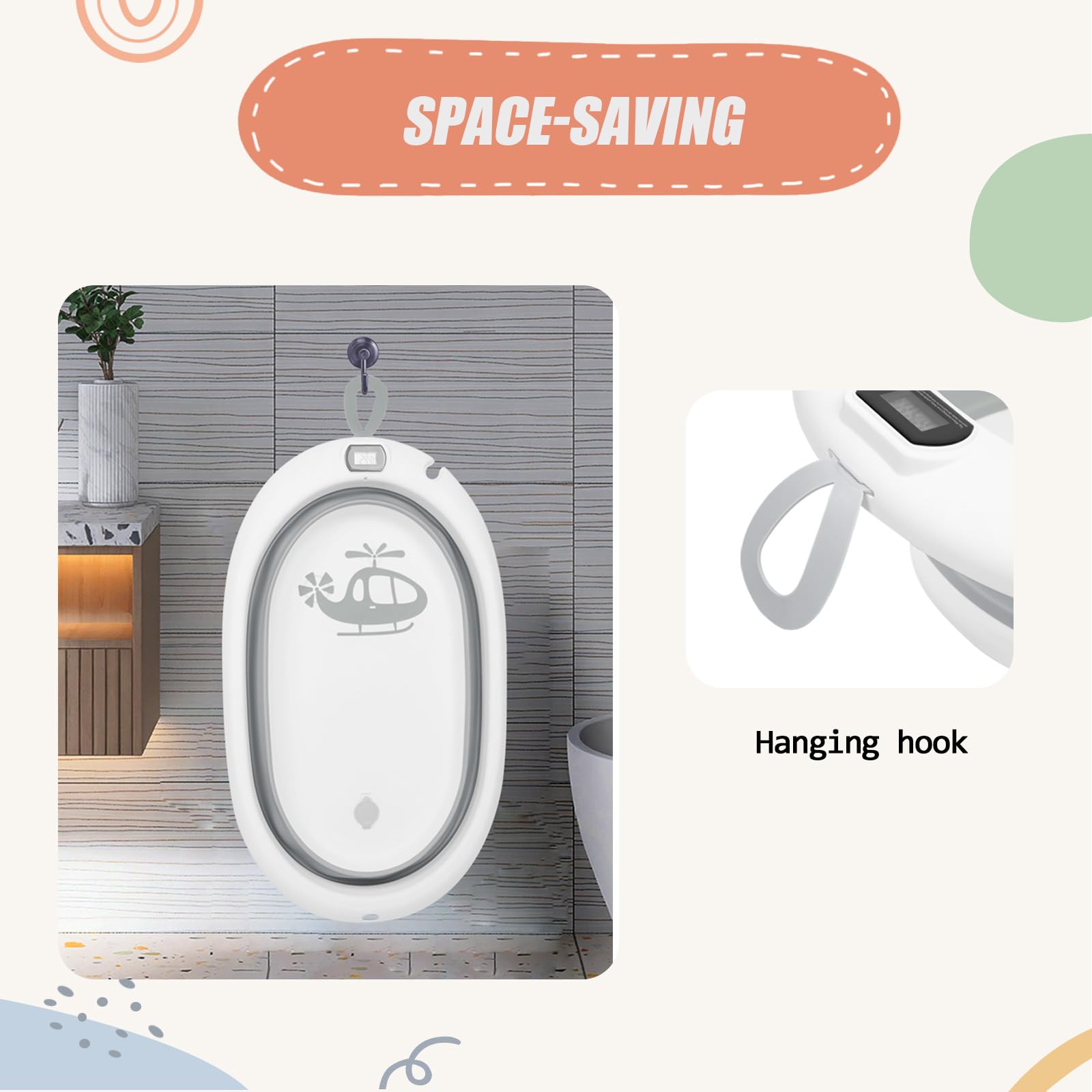 Bañera plegable para bebé, con soporte, termómetro y cojín de baño, bañera para bebé, apta para bebés de 0 a 36 meses (gris)
