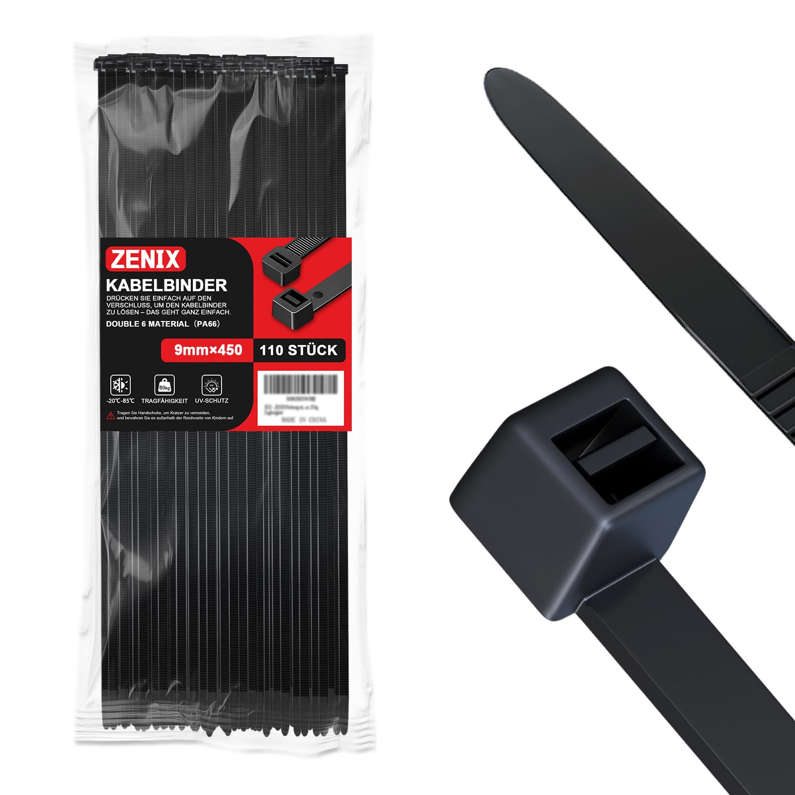 ZENIX Cable Ties, Black, 9 mm x 450 mm, Pack of 110 Cable Ties, UV Resistant, Long, Black Ties with 80 kg, Tensile Strength, Can Be Used for Indoor and Outdoor Use, House