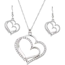 Wedding Jewelry Mothers Day Gifts Double Heart Pendant Necklace and Earring Set for Mom Women Bride Bridesmaids