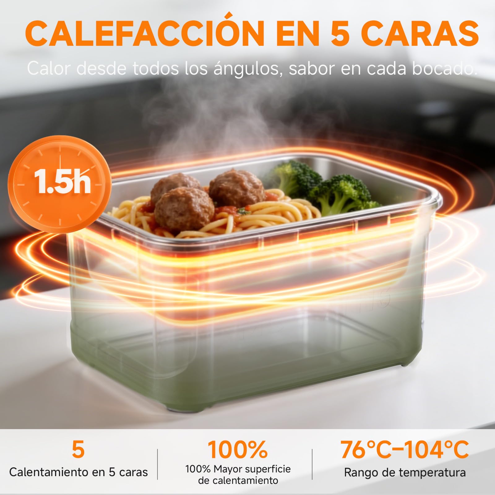 AMZCHEF Fiambrera Electrica de 1,5 L - taper electrico para comida de 27 000 mAh, calentamiento en 5 caras, función de calentamiento instantáneo, con reloj y memoria, recarga rápida (verde) | Fiambrera portátil de 1,5 l con calentamiento instantáneo, func