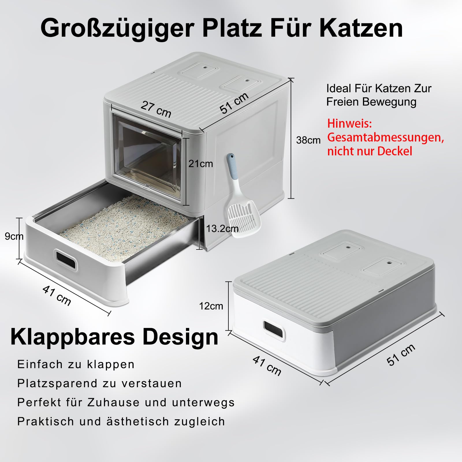 Marchul Katzentoilette, Geschlossene Katzentoilette aus Edelstahl mit Deckel und Schublade, für Wohnungskatzen, Lamellen Gegen Auslaufen, mit Schaufel und Matte, Geruchsfrei, Mit verbesserter Basis