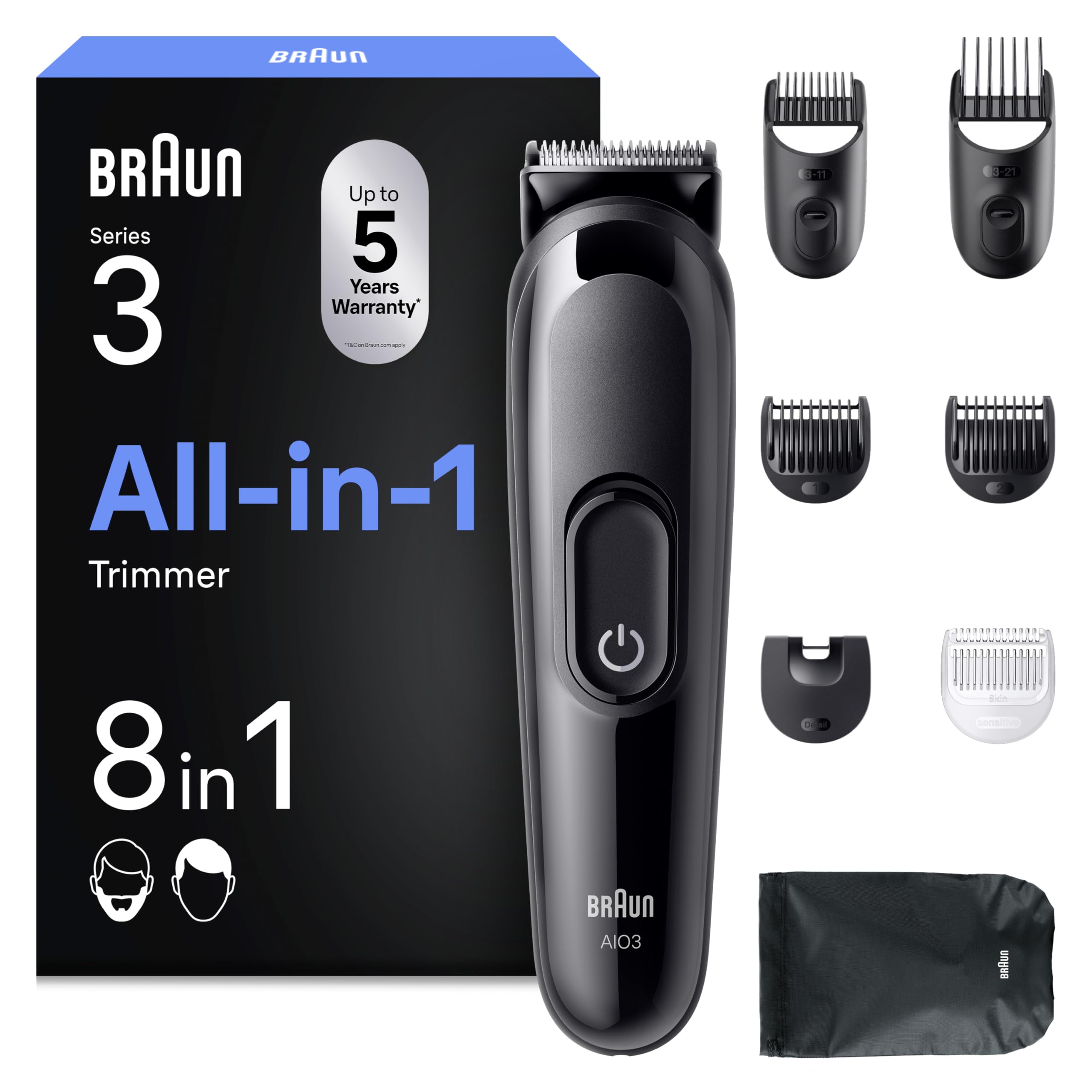 Braun All-in-One Series 3, 8-in-1 Multigroom, Barttrimmer, Haarschneider, Haarschneidemaschine für Gesicht und Kopf, 50 Min Akku, 14 Längen (3–21 mm), AIO3545, Schwarz