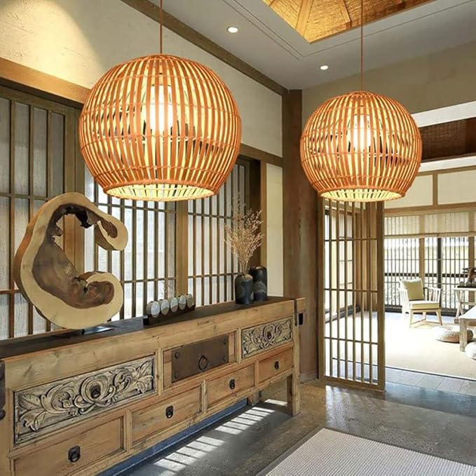 LQZCXMF Natuurlijke Bamboe Rotan Kroonluchter Geweven Hanglamparmatuur Koepel Schaduw Decoratieve Rieten Lamp Lampenkap Met Verstelbaar Snoer Voor Keuken Eetkamer Woonkamer Restaurant Boerderij photo 2