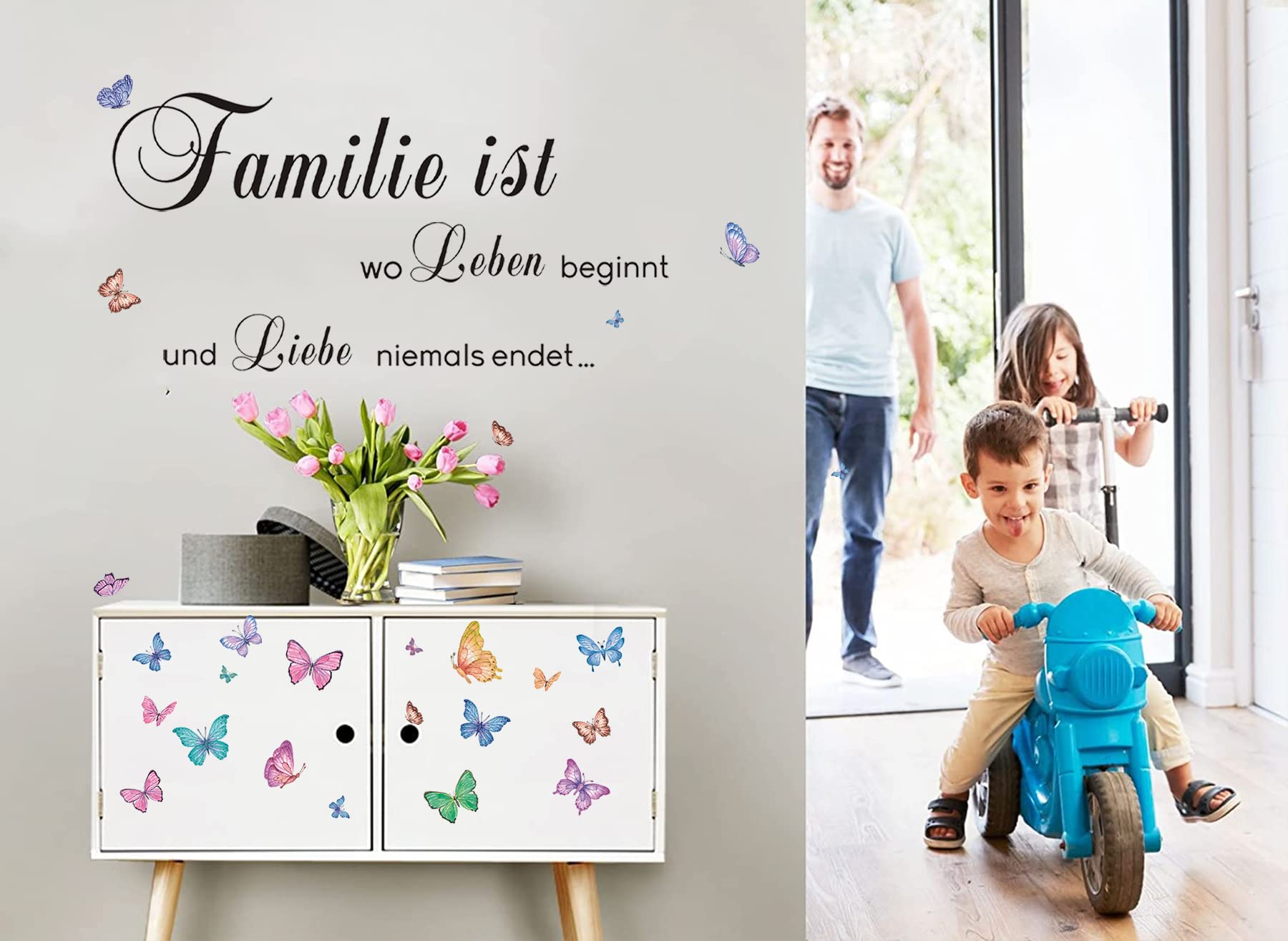 Wandaufkleber Set - Motiv Familiensprüche Mit Schmetterlingen, 110x95 Cm, Abnehmbares Vinyl