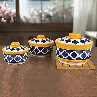 StyleMyWay Handpainted Ceramic Serving Donga with Lid Casserole Set (Set of 3, Blue and Yellow) | Dinner Serving Set | Stackable Kitchen Bowl Set – 900 ml, 500 ml, 300 ml