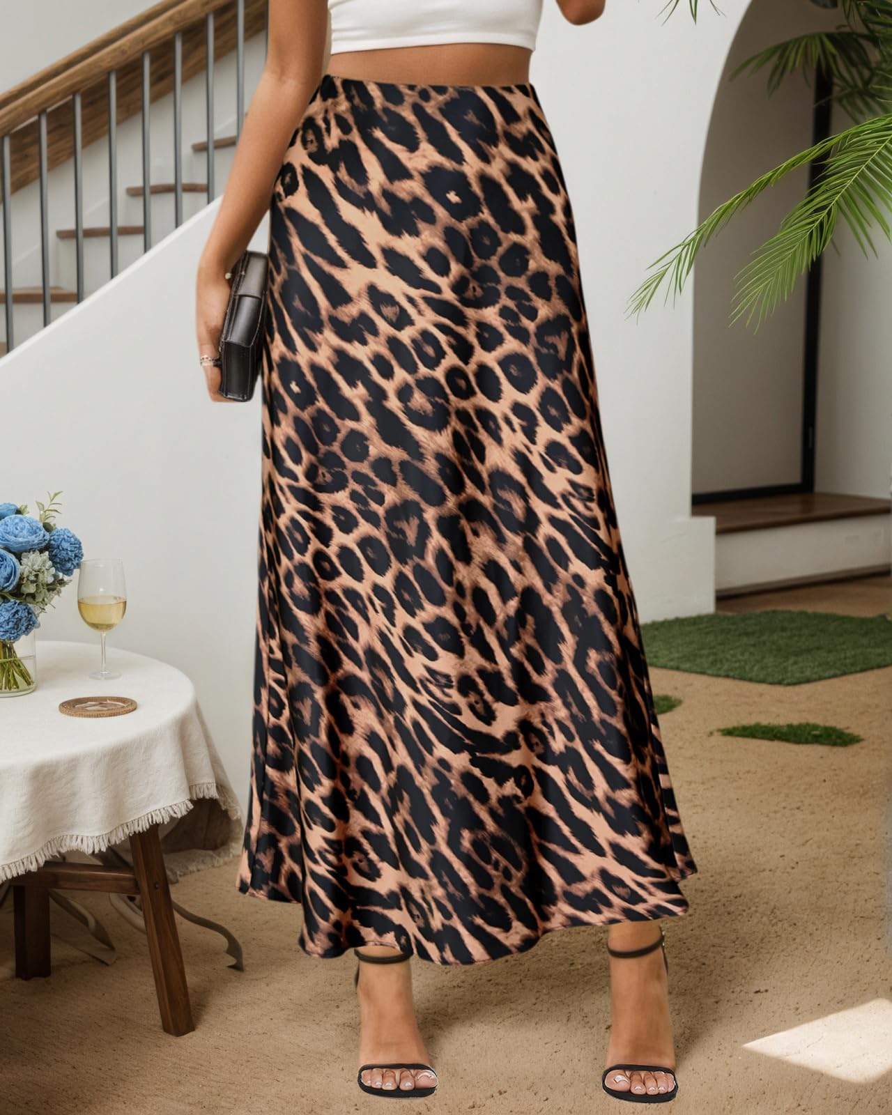 Satin-Maxirock für Damen, hoch tailliert, mit elastischem Bund, Seidenoptik, A-Linie, lässiger Party-Rock mit Leopardenmuster, langer Rock für Damen