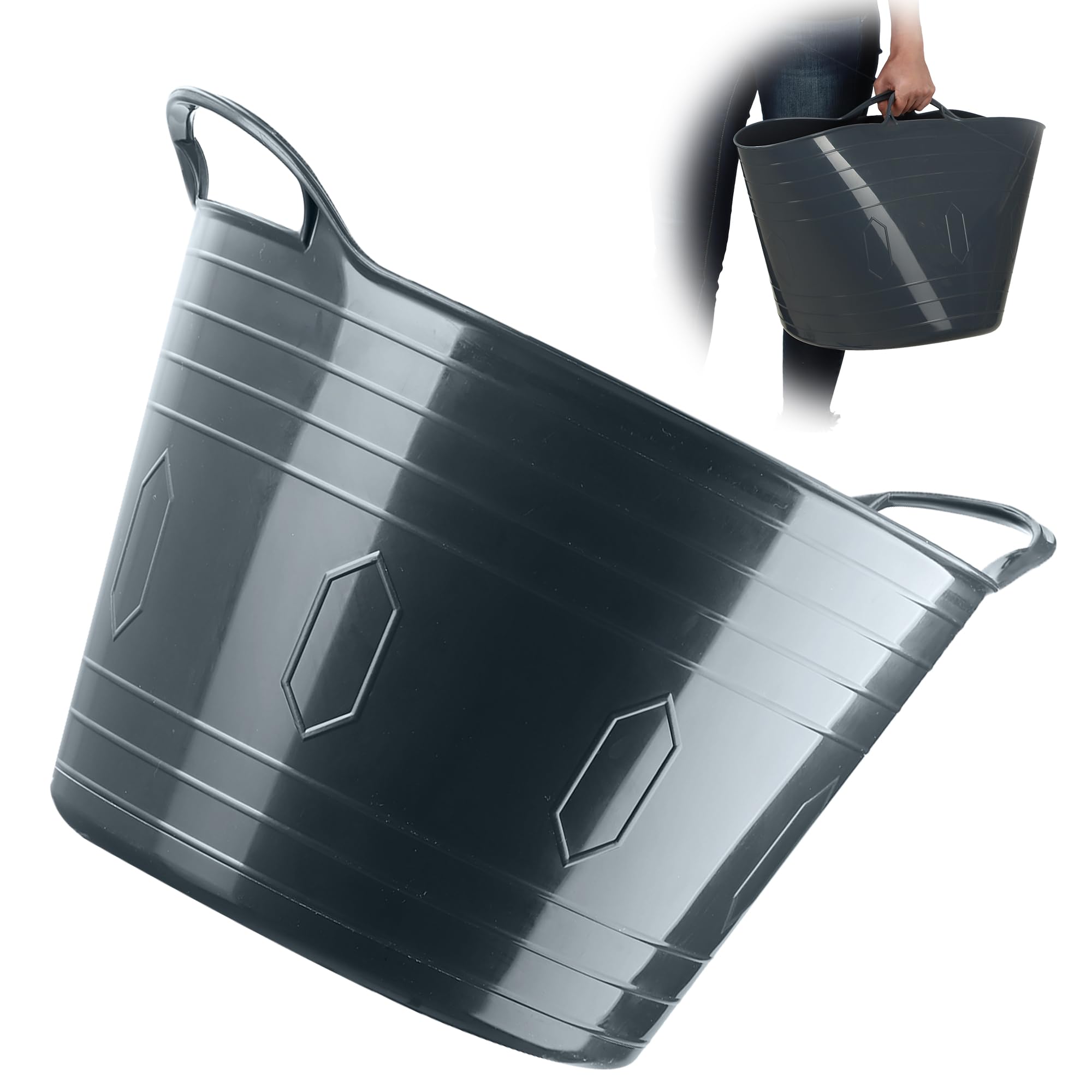 KADAX Cestino flessibile in plastica con manici – Multifunzione per biancheria, giocattoli, vestiti, rotondo e universale (grigio scuro, 42 L)