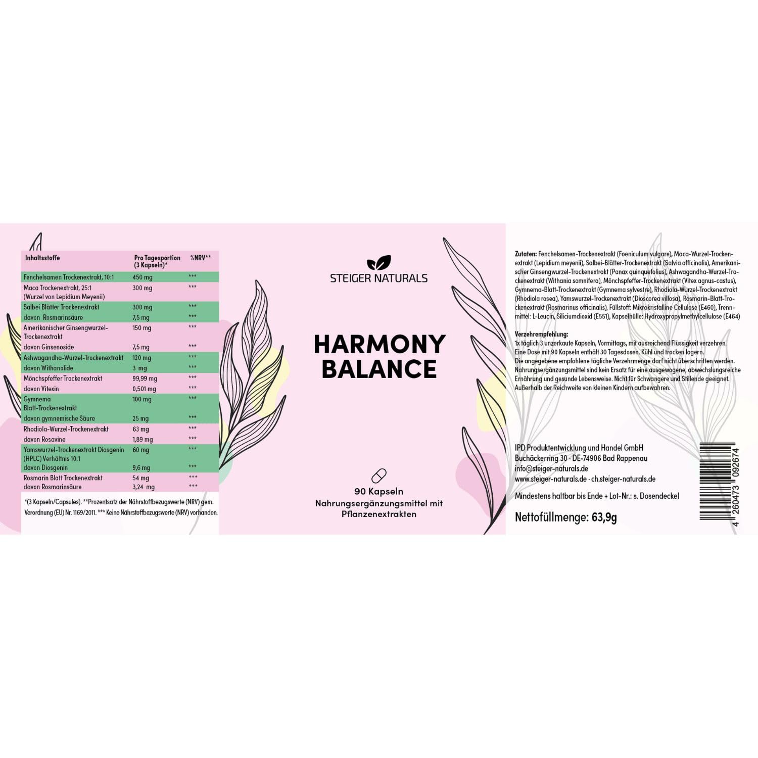 Steiger Naturals Harmony Balance – Pflanzlicher Komplex für Frauen mit 10 Pflanzenextrakten | Hormonfrei, Vegan, Laktosefrei, Glutenfrei | 90 Kapseln