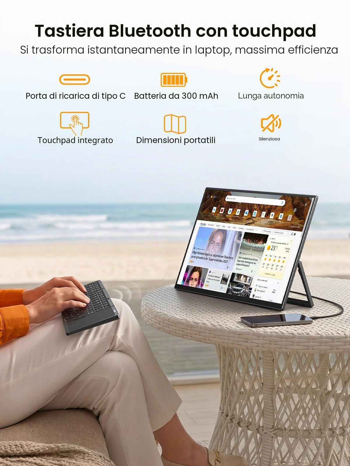 UPERFECT 15,6" Touchscreen Monitor Portatile con Batteria 8000mAh, 1080P | Tastiera Bluetooth Pieghevole e Custodia Protettiva per PC Laptop Xbo Switch, Supporto Integrato, Compatibile VESA