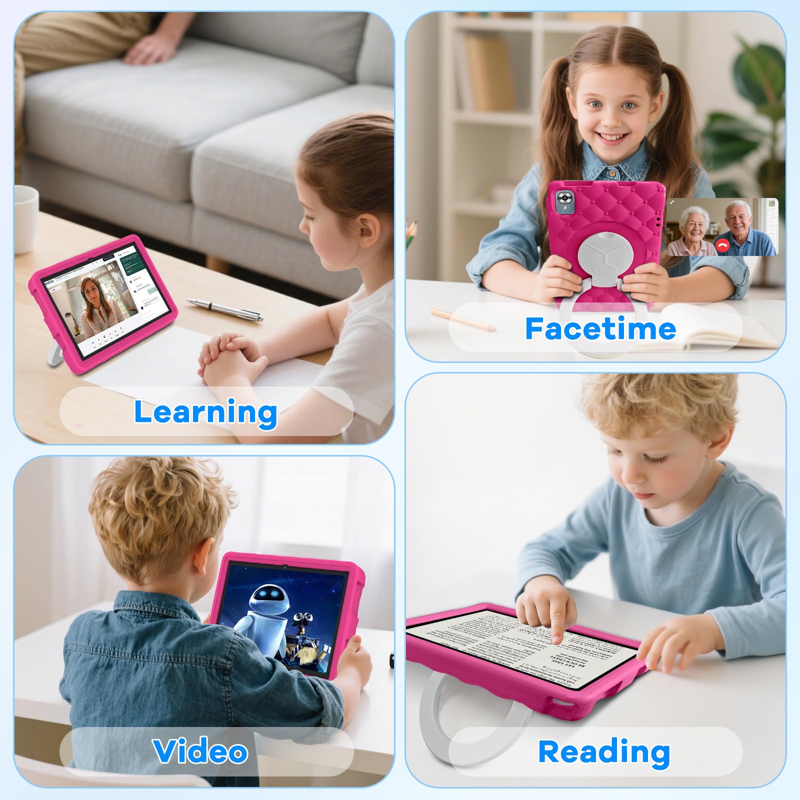 Tablet Bambini 10 Pollici Android 15 con 30GB RAM, 5G Wi-Fi 6, 64GB ROM(2TB), Control Parental, Octa-Core, 8MP+5MP, 6000mAh, Custodia Protettiva EVA + Supporto Girevole a 360°, Rosa