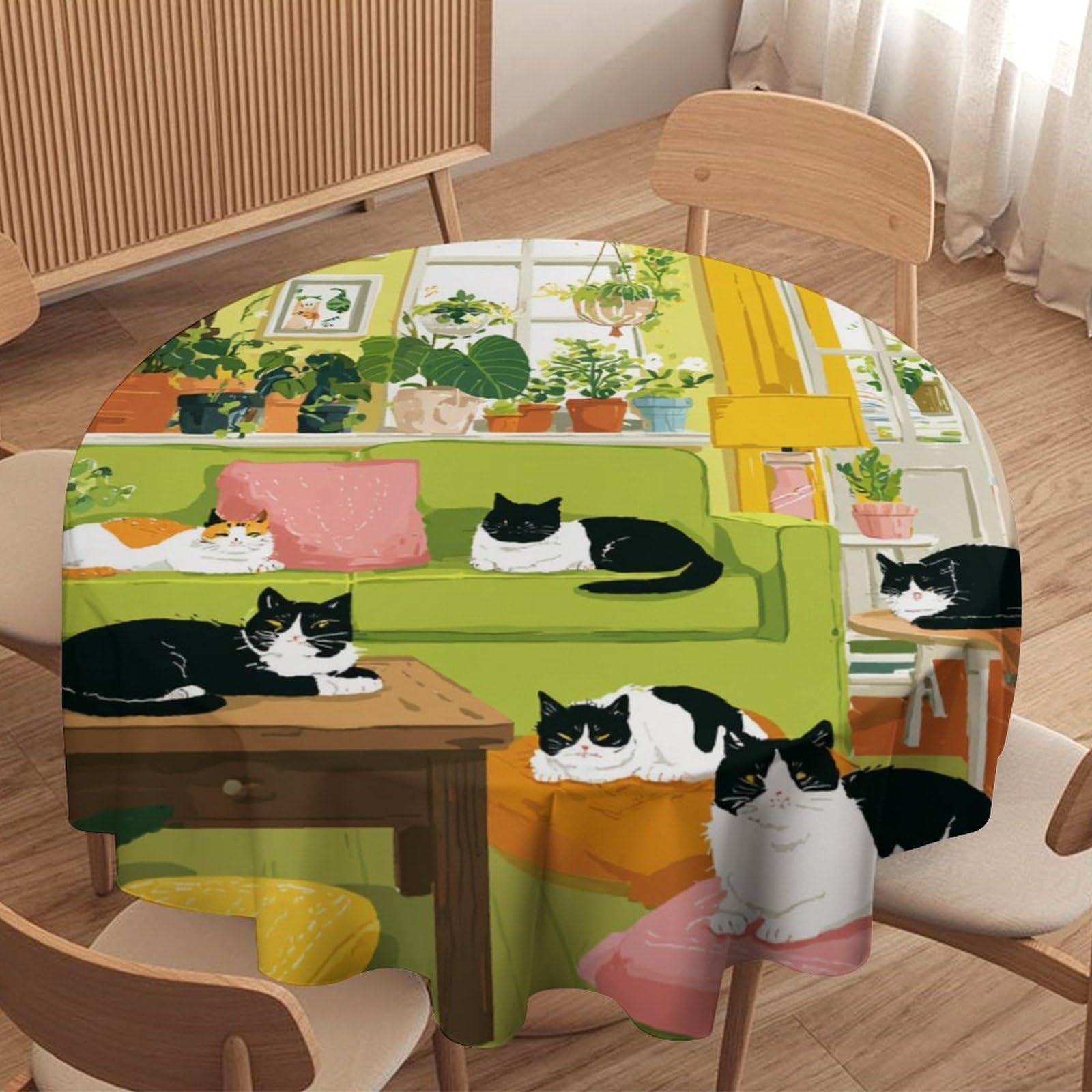 LUYYSKY Funny Abstract Cute Cats Waterproof Round Tablecloth Retro Watercolor Room Botanical Plants Animals Kittens Pattern Washable Table Cover for Kitchen-70 Wx70 L
