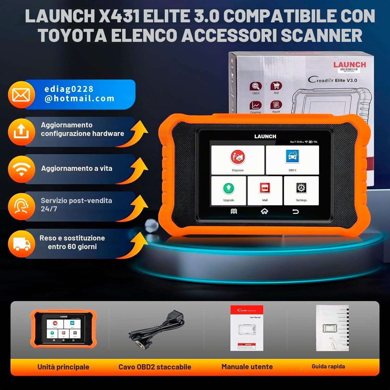 LAUNCH X431 Elite V2.0 OBD2 Auto Diagnostica Italiano di Tutti i Sistemi per TOYOTA, OBD 2 Diagnosi 50+ Funzione di Ripristino, Oil Reset Bidirezionale Codifica ECU Battery Registration