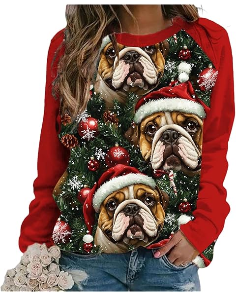 Womens Ugly Christmas Sweatshirt Funny Cat Dog Printed Xmas Pullover Shirts Crewnec...