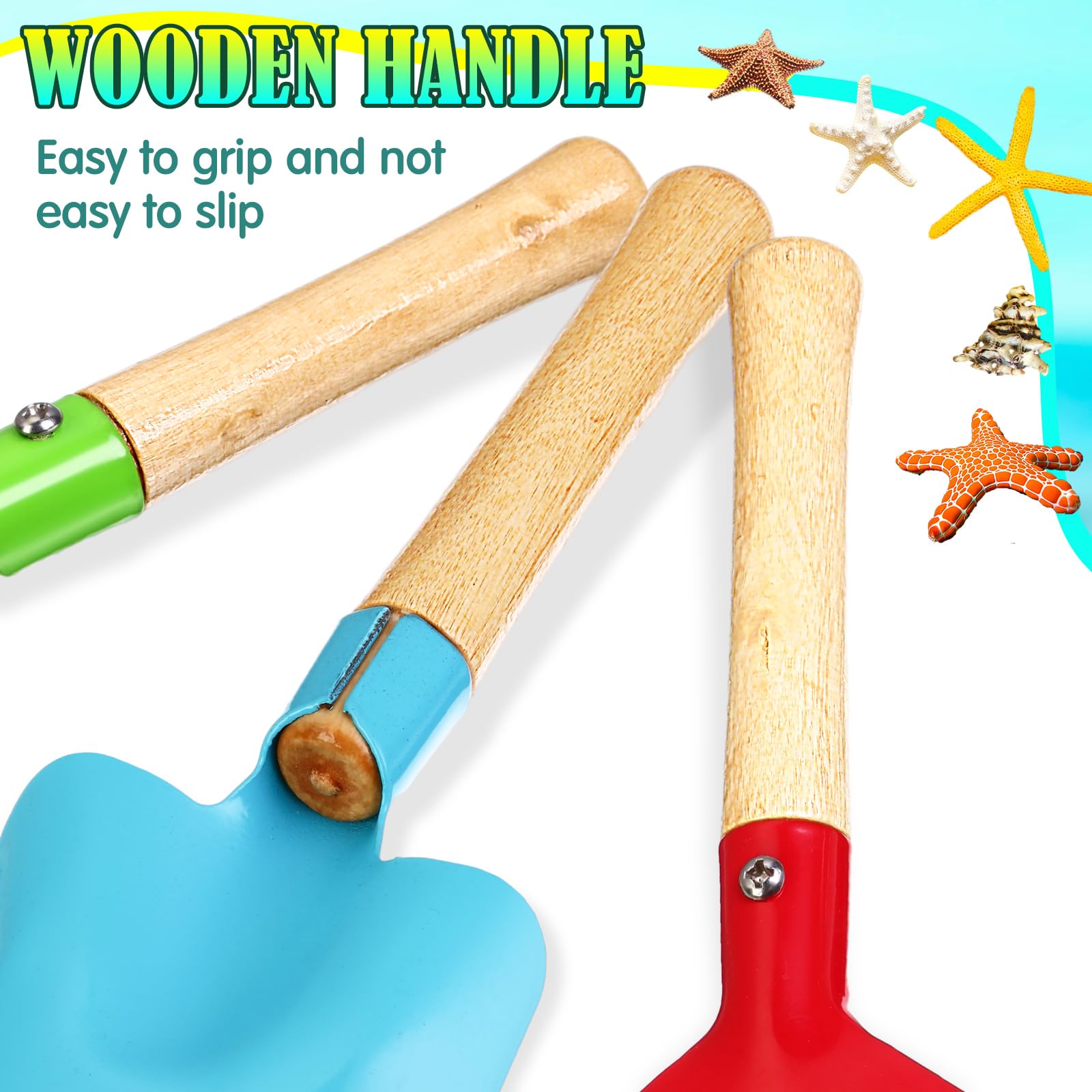 Halloscume 9 Pcs Garden Tools for Kids Beach Pails Metal Beach Sand Toy Set with Wooden Handle Sandbox Toy Include Bucket Spoon Fork Trowel Rake Shovel for Boys Girls - Image 5